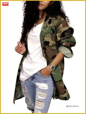 Women's Camouflage Trench Coat Long Sleeve Military Jacket Plus Size